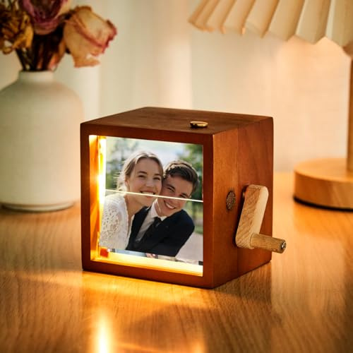Custom Photo Flip Book Frame, Photo Animation Box Hand-cranked Photo Album Wooden Rotating Memory Box with Light & Song, Personalised Picture Gift for Men Women Birthday Anniversary