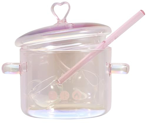 Hemobllo Olla de Vidrio para Cocción a Fuego Lento de 1500 Ml con Doble Asa Color Rosa Cacerola Transparente para Sopa y Ramen Incluye Cuchara de Vidrio para Cocina Doméstica