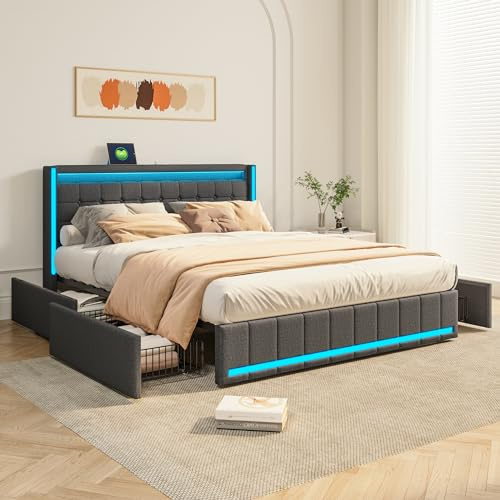 Sängklädsel, dubbelsäng, 180 x 200 cm, förvaringssäng med 4 lådor, ungdomssäng, med LED och USB, funktionell säng, sängram med vadderat sänggavel och ribbotten, utan madrass (grå A, 180 x 200 cm)
