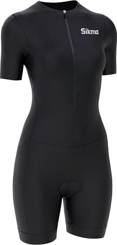 Ladies Cycling Skinsuit Women Padded One Piece Trisuit Bike Top Short Sublimated Design bib Short (All Black, M)