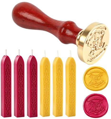 NYVOR Sigillvax, 6 stycken vaxstavar, set med vekar och vaxförsegling, Hogwarts stämpel, vintage vaxförseglingsstämpel för kuvert, inbjudningar, kort, presentpaket