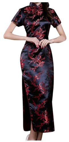 Générique Robe Cheongsam Chinoise brodée à Manches Courtes Longue Qipao Traditionnelle pour Femme Grande élégante (Black, M)