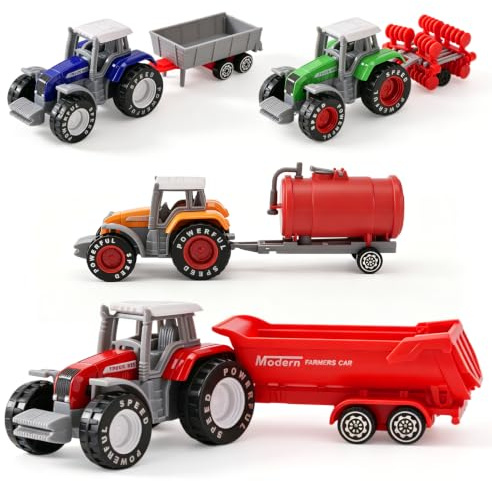 LTFIOON Set de 4 Tractores de Juguete con Remolque Desmontable
