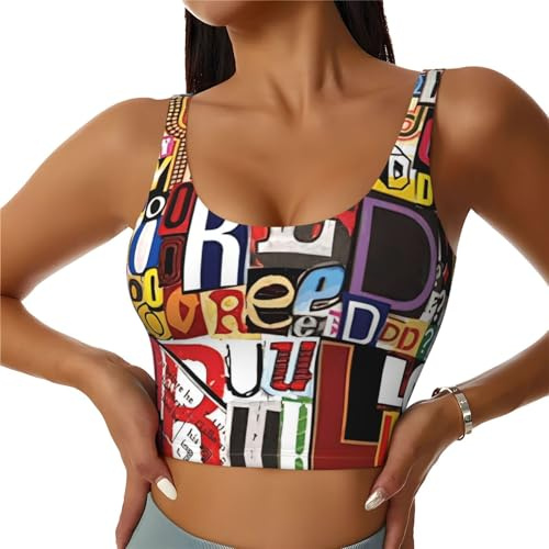 Sport Lettera e Numero Reggiseni Donne Ad Alto Impatto Reggiseno Copertura Completa Cuscinetti Rimovibili Donne Base Crop Top Tank, Nero , L