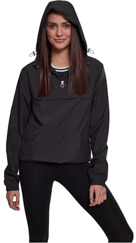 URBAN CLASSICS Women's Windbreaker Jacket, Pullover Rain Jacket with Hoodie, Longsleeve Hooded Ladies Raincoat, Lightweight & Water Repellent, Colour: Black, Size: 5X-Large