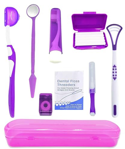 HRASY Portable Orthodontic Oral Care Kit for Braces - Interdental Brush Dental Wax Dental Floss Toothbrush Cleaning Kit(Purple)