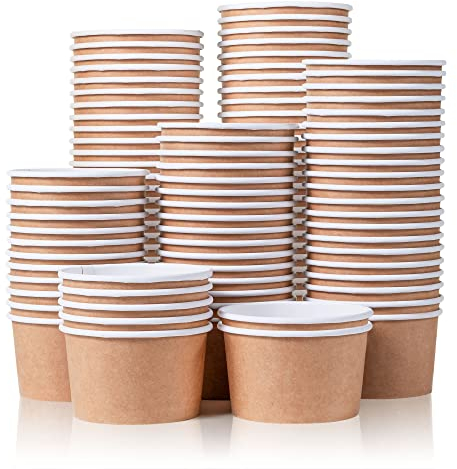 Paper Ice Cream Tubs and Soup Bowls, 100-Count, 163 ml, Kraft Brown, Hot/Cold Paper Snack Cups, Disposable Ice Cream Cups, Soup Bowls