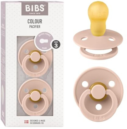 BIBS Colour Soother 2-Pack, BPA Free Dummy Pacifier, Round Nipple. Natural Rubber Latex, Made in Denmark, Size 3 (18+ Months), Blush