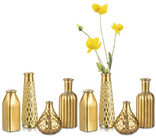 Hewory förgylld glasvas gyllene vaser liten vas set om 8, modern mini glas vaser bröllop dekoration lyx blomvas för bordsdekoration, konst kreativa presentidéer 22 cm