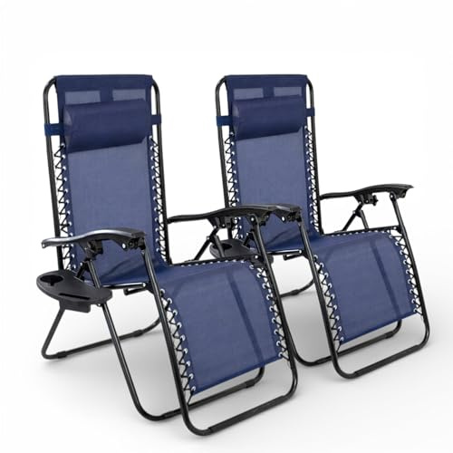 Pincho Tumbona Jardin Exterior Plegable de Gravedad Cero - Pack 2 Sillas Reclinables o Hamacas para Playa, Terraza y Camping con Portavasos, Ligeras y Cómodas (Marino)