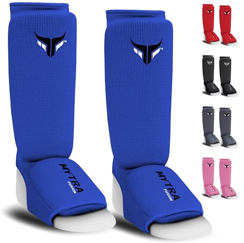 Mytra Fusion Junior Protecteur Tibia-Cou-de-Pied Extensible Protege Tibia Boxe léger et rembourré entraînement protège Tibia Muay Thai, Arts Martiaux et Protege Tibia MMA Enfant (Bleu, XS)