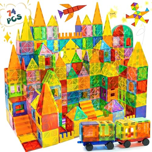 Olvy Blocs Magnétiques Montessori Jouet - 74 Tuiles Magnétiques Enfants - Jouet de Construction Magnétique Dès 3 Ans - Smart Playground Blocs Magnétiques (74 Tuiles Magnétiques)