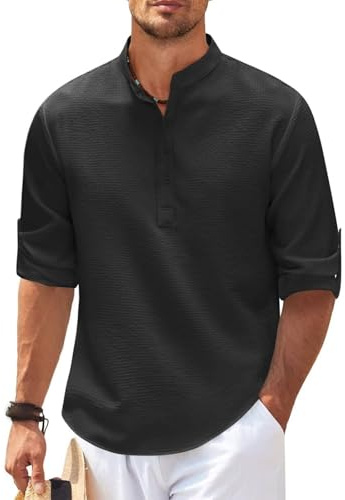 Jinsha Men's Long Sleeve Waffle Henley Shirts Lightweight Casual Button T-Shirt Basic Band Collar Pullover Tops Black XL