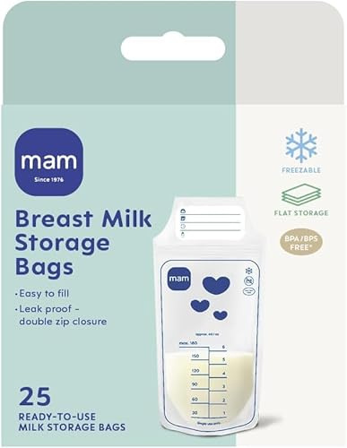 MAM Bolsas de almacenamiento de leche | Paquete de 25 | Solución de almacenamiento de leche materna a prueba de fugas y preesterilizada | Diseño de ahorro de espacio | Fácil de verter y almacenar |