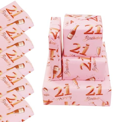 Papel De Regalo De Cumpleaños Número 21, 5 Hojas De 70 X 50 Cm, Papel De Regalo De Cumpleaños Rosa Dorado Rosa Para Niñas Y Mujeres, Decoraciones De Cumpleanos 21, Reciclable