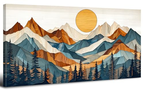 Cuadro en Lienzo de Montaña Xilográfica Lienzos Vintage de Amaneceres para sala de Estar Decoración de pared con Imagen de Paisaje Natural Póster de Pintura Abstracta con Textura para Baño 50x100 cm