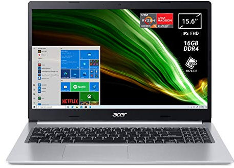 Acer Aspire 5 A515-45-R54J PC portátil, Notebook, procesador AMD Ryzen 5 5500U, RAM 16 GB DDR4, 1024 GB PCIe NVMe SSD, pantalla 15.6 FHD IPS LED LCD, AMD Radeon, Windows 10 Home, Silver