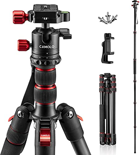 CAMOLO Stativ Kamera 190cm, Tragbar Reisestativ DSLR Camera Tripod mit 360° Panorama Kugelkopf 1/4 Schnellwechselplatte Arca Swiss, Aluminium Tripod & Monopod mit 15kg Tragkraft für Canon Nikon Sony