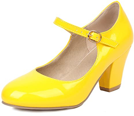 Lizoleor Mary Jane Donna Tacco Largo Alto Chiuse Decollete con Cinturino alla Caviglia Fibbie Matrimonio Festa Eleganti Vernice Scarpe Giallo Numero 38 EU/39CN