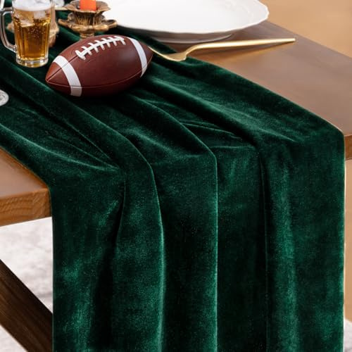 Socomi Green Velvet Valentine's Day Table Runner Cloth Decor 20 x 120 Inches 10ft Fabric Emerald Green Luxurious Thanksgiving Wedding Runner for New Year Bridal Shower