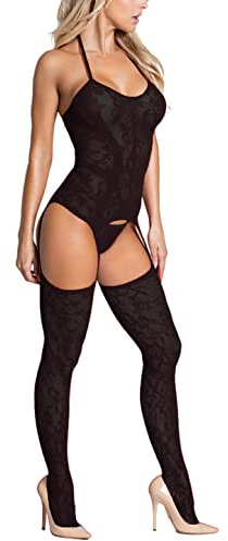 CheChury Femme Sexy Porte Jarretelles Dentelle Soutien-Gorge et Culotte Ensemble Lingerie Dos Nu Femme Babydoll Transparent Bas pour Porte-Jarretelles,Noir