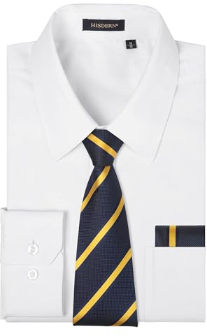 HISDERN Herr Vita Skjortor Långärmad Smart Formell Enfärgad Klänningskjorta och Slipsset Affärs Casual Bröllop Regular Fit L