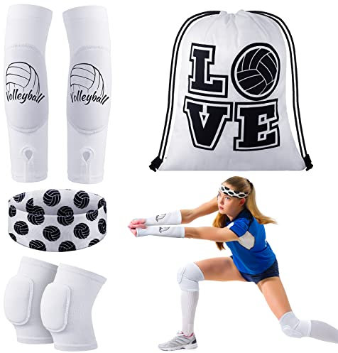 Yinder 4 Pcs Volleyball Knee Pad and Arm Sleeve Volleyball Accessories Stuff Forearm Elbow Sleeve Wrist Guard with Protection Pad and Thumb Hole for Women Men Adult(Small,White)