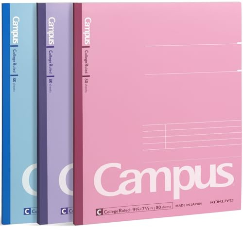 KOKUYO Composition Notebooks, 3 Pack Campus 9-3/4 x 7-1/2 Comp Book with College Ruled, 80 Sheets, Pink Blue Lavender School Lined Notebook Journal for Work Study Note Taking (WSG-NO-308CG1×3)