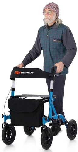 Goplus Rollator Walkers for Seniors with Seat, Foldable Rolling Walker with 9.5â All Terrain Pneumatic Wheel, Supports up to 300 lbs, Heavy Duty Bariatric Rollator Walker for Adult