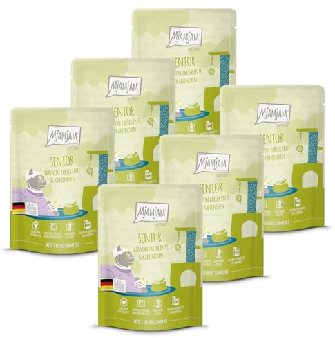 MjAMjAM - Comida húmeda Premium para Gatos - Quetschie - Senior - Duo de Pato tierno y Conejo, 6 Pack (6x300g), sin Cereales