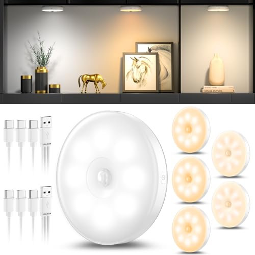 Lot de 6 veilleuses avec détecteur de mouvement, Lampe LED rechargeable USB à trois couleurs,Lumiere detecteur de mouvement interieur pour éclairage d'escalier, chambre, cuisine, chambre d'enfant.