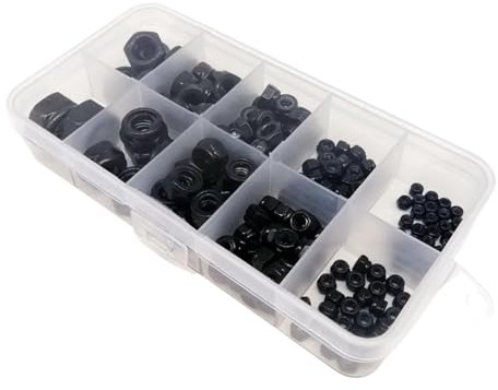 Contratuerca, tuercas autoblocantes 200 piezas DIN985 Inserto de nailon hexagonal Tuerca autoblocante Juego de surtido de contratuercas Nylock M2 M2.5 M3 M4 M5 M6 M8 Acero al carbono negro