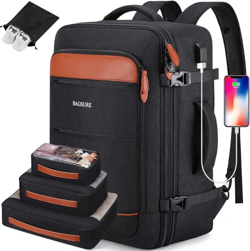 Roadcheer 42L Business Rucksack Herren, Wasserdichter Laptop Reiserucksack mit 4-teiligem Set, Atmungsaktives Material, Reiserucksack für Flugzeug, Doppelgriffe sind Bequemer (Schwarzbraun)