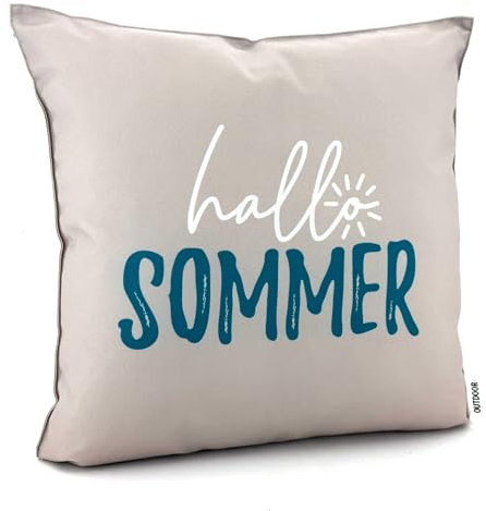 heimtexland ® Outdoor Deko Kissen 45x45 mit Füllung Garten Lounge Dekokissen wasserabweisend wetterfest Outdoorkissen Gartenkissen Bedruckt Typ906 Natur - Petrol