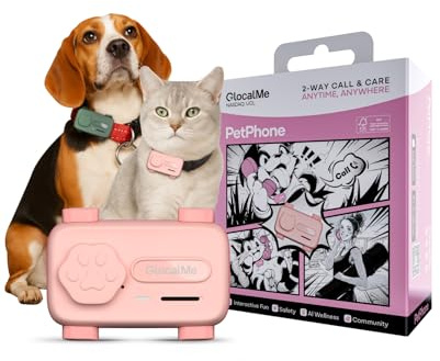 GlocalMe PetPhone for Dog and Cat, Support Play Music and 2-Way PetChat, Pet Community and AI Health Alerts, Real Time Tracking and Virtual Fence, Unlimited Range Pet GPS Tracker (Pink)