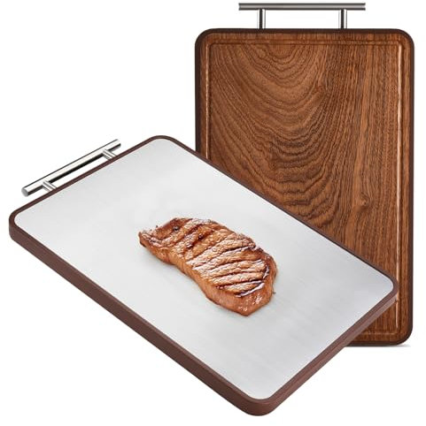 Double Sided Chopping Board for Kitchen, 304 Stainless Steel and Wood, Food Grade Cutting Board with Handle, Easy to Clean, for Meat and Vegetables