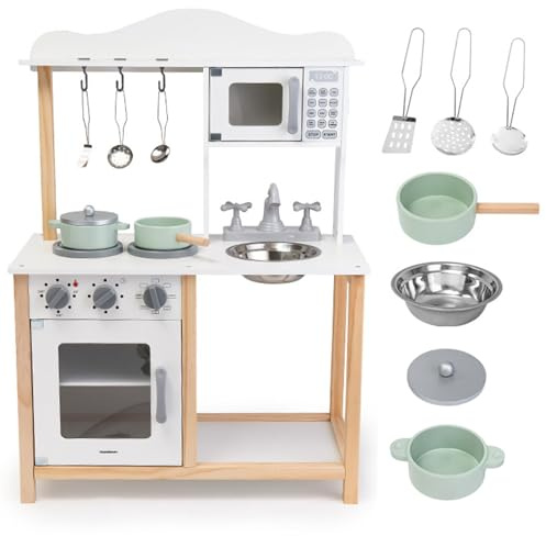 mamabrum Cuisine en Bois Enfant Montessori 3+ Ans – Micro-Ondes, Four, évier & Accessoires Inclus – Solide, sûre, éducative, Couleurs Naturelles, Jeu créatif Durable