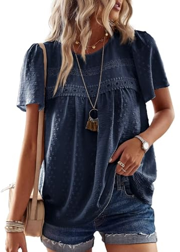 TUUHAW topp damer sommar boho blus kortärmade toppar flödande elegant rund hals t-shirt tunika lediga kläder spetskläder