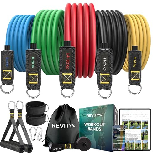 Revity Gomas Elasticas Musculacion - Set de 5 Bandas Elasticas Musculacion con Asas para Gimnasio en Casa, Fitness y Musculación - Plan PDF 30 Días - Bandas de Resistencia de Látex Natural Duradero