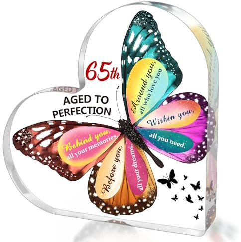 SUEHHYY 65th Birthday Gifts for Women Men, Acrylic Heart Cake Topper Birthday Decorations Presents, 65 Year Old Bday Gifts for Mom, Aunt, Grandma, Sister, Best Friends, Wife, Her