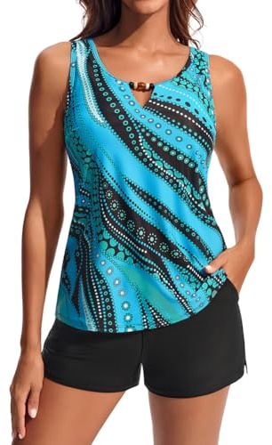 Hanna Nikole 2-delat tankini-set för kvinnor, Storbritannien, blygsamma baddräkter, v-ringad blus baddräkter med sportiga badshorts fickor, baddräkt kvinnor 2 delar, Blå och grön randig etnisk blomma