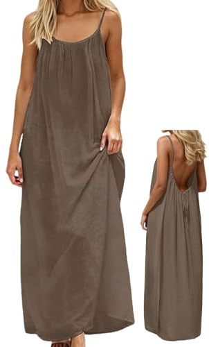 makabaky Robe Cami Dos Nu avec Bretelles Spaghetti-Maxi Robe d'Été Confortable pour Plage, Vacances & Lounge-Robe Longue Légère pour Femme