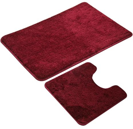 Reyox Badematten rutschfest, Weiche Mikrofaser Badvorleger Waschbar, Badezimmerteppich WC Vorleger Weinrot Set 2 Teilig