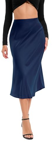 Oyamiki Jupe en satin pour femme taille haute à volants avec ceinture élastique dissimulée d'été évasée soyeuse fluide longue ligne A midi, bleu marine, L