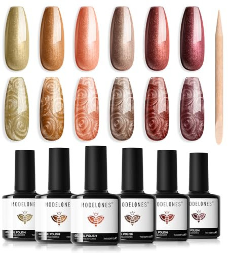 Modelones Pearl Gel Nail Polish, 6 Colors Autumn Brown Orange Gel Polish Soak Off Mermaid Nail Drawing Gel Polish Swirl Shell Thread Effect DIY Manicure