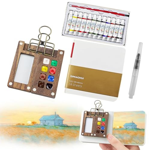 5 PCS Pocket Artist Watercolour Travel Set - 8 Grids Travel Watercolour Paint Set Portable, Mini Watercolour Paint Set Travel, Painting Set with Foldable Wooden Palette, Sketchbook, Brush, Paint(White