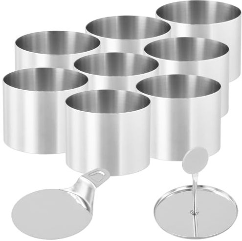 SEUNMUK Lot de 10 anneaux à gâteau ronds en acier inoxydable, 7,5 x 5,5 cm, anneaux à dessert avec presse alimentaire et spatule pour crumpets, cheesecake, pâtisserie, desserts, œufs de cuisson