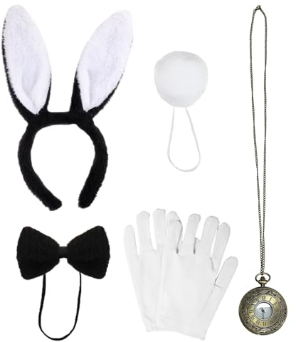 UILYNIU 5 Piezas Negro Accesorios de Disfraz de Conejo Niñas Mujer Orejas de Conejito Pajarita Guantes Blancos Reloj Cola de Conejo Disfraz de Conejo para Fiesta de Pascua Halloween (Negro)