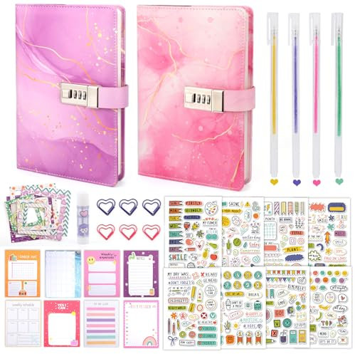 Tagebuch mit Schloss Mädchen Kinder, Geschenke für Mädchen 8 9 10 11 12 13 14 Jahre, Einschulung Schulanfang Geburtstag Geschenk Teenager Mädchen 7-15,DIY Tagebuch mit Code Notizbüch Stift Schulsachen