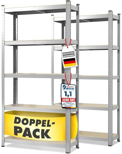 OfficeMarshal Doppio set di scaffali per carichi pesanti zincati, 150 x 75 x 30 cm | Scaffale a incastro, scaffale di stoccaggio, scaffale a terra, sistema di incastro montabile senza utensili (Lakota
